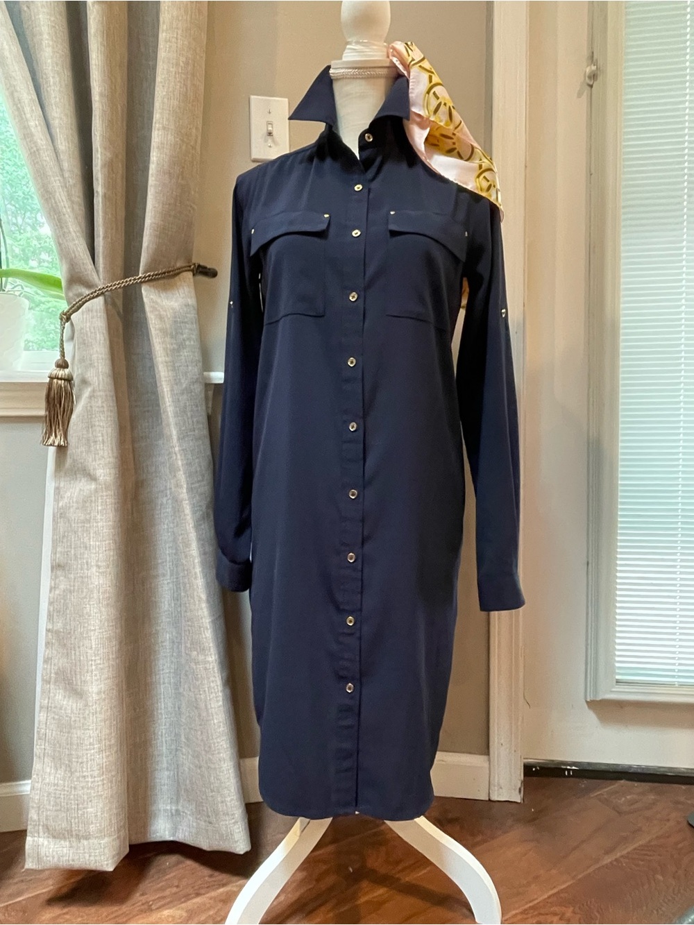 Calvin Klein Navy Blue Roll-Tab Sleeve Utility Shirtdress